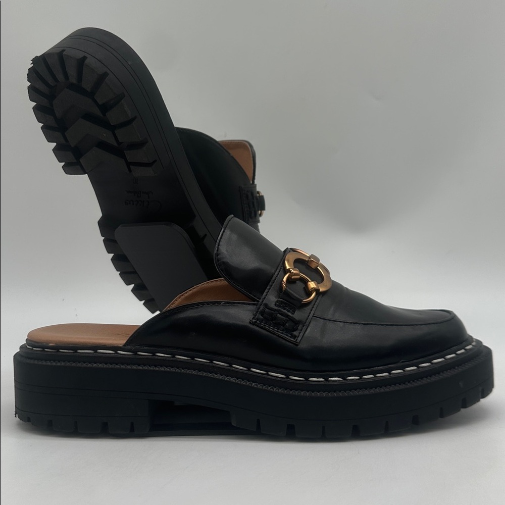 Black Leather Slip-On Mule Loafers with Gold Chain Detail - Picture 5 of 16